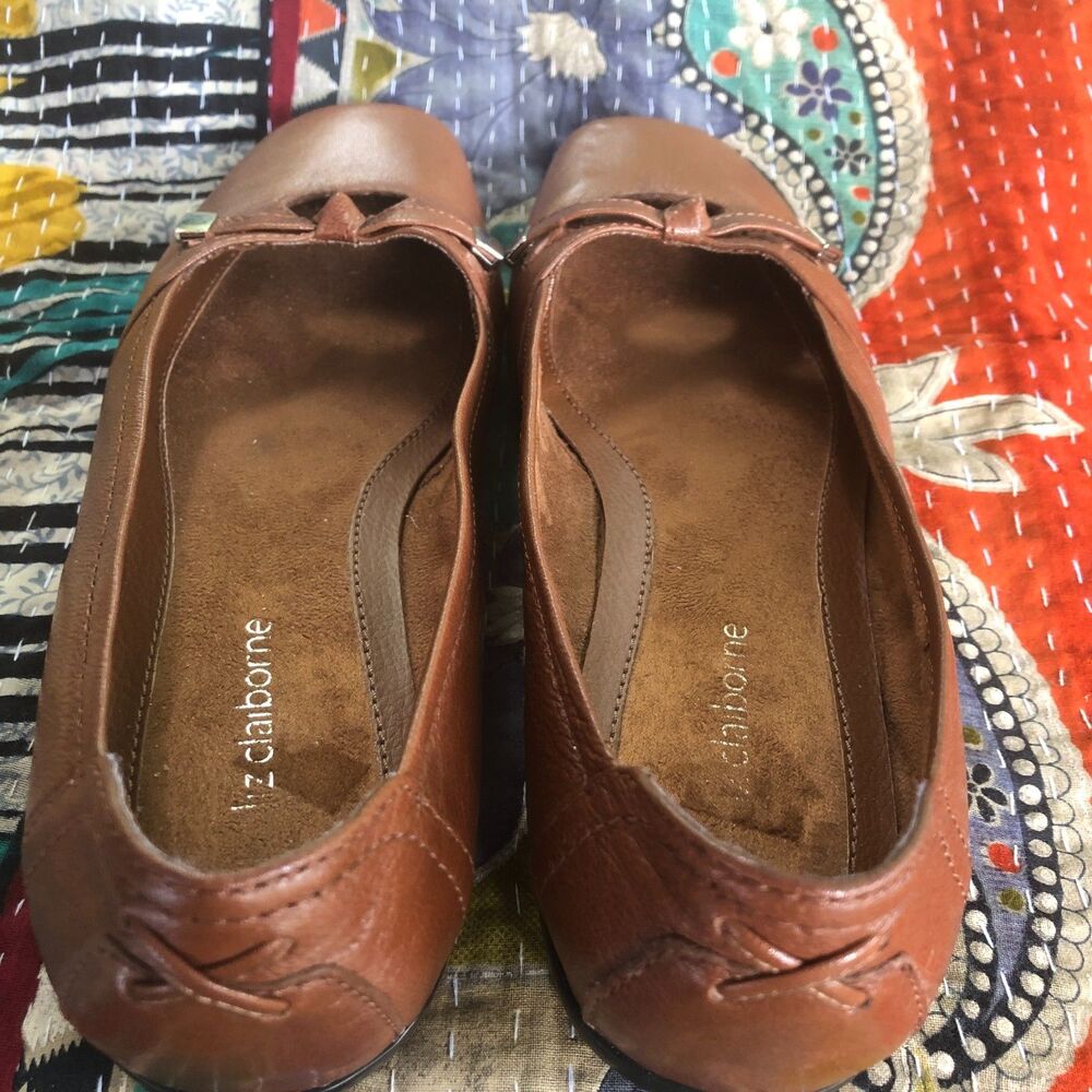 Liz Claiborne brown leather ballet shoes bows, silver trim Size 8M - Picture 15 of 16